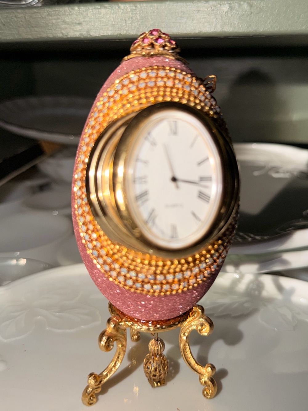 Royal egg Antique Clock,egg style  Fabergé look pink and  Gold with stones